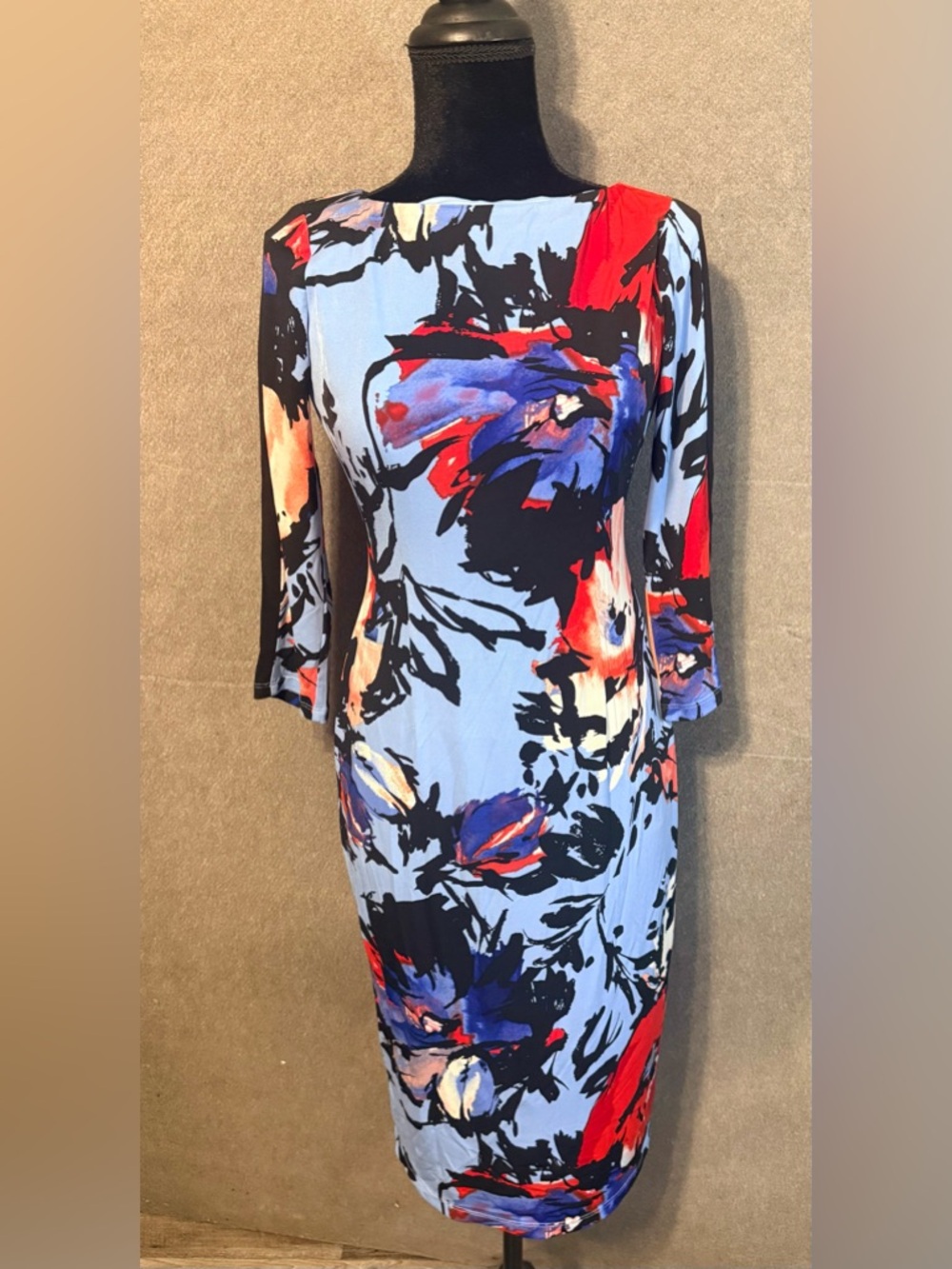 Printed Sheath Dress in Light Blue with Red & Navy Floral